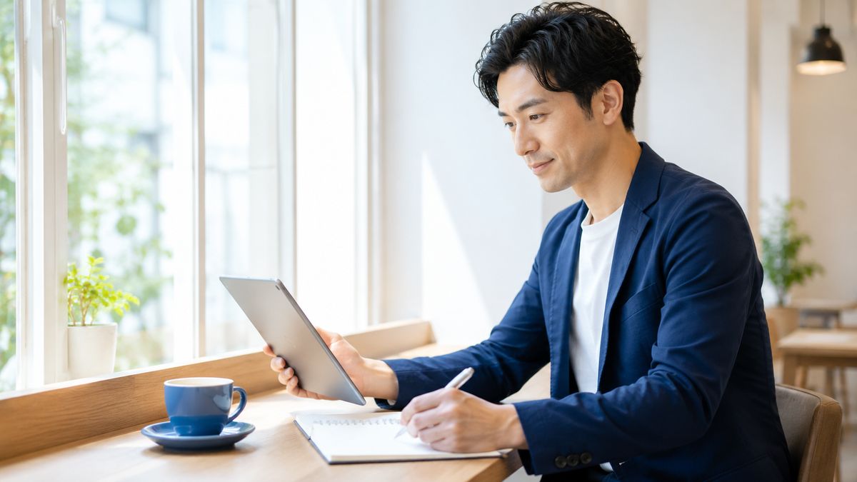 英検準1級と1級のレベルの違いをタブレットで比較検討する日本人男性