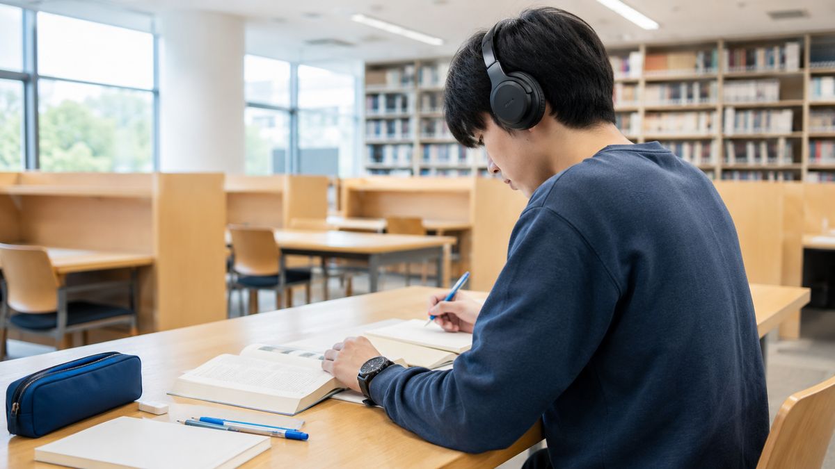 英検1級のリスニングと長文読解の演習に集中する日本人高校生