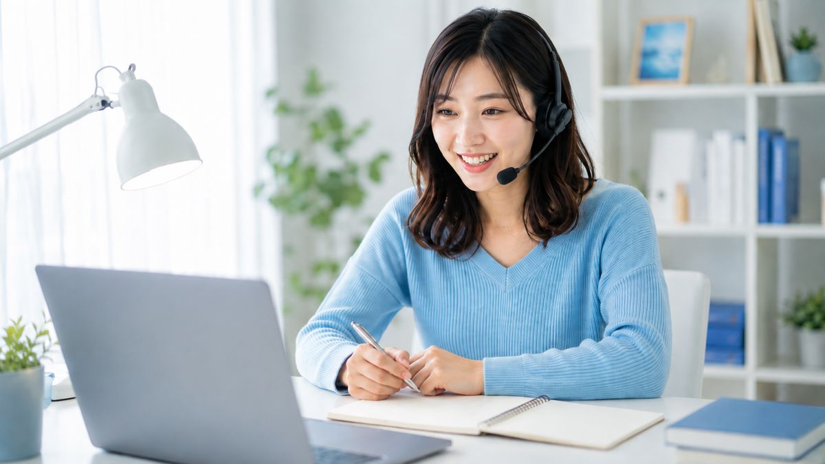 英検1級対策のオンライン英語コーチングを笑顔で受講する日本人学習者