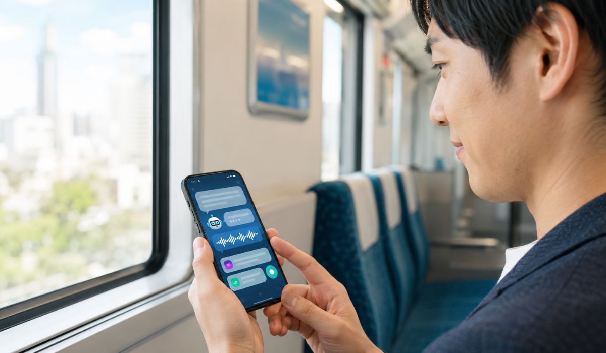 AI時代の英語学習でスマートフォンの生成AIアプリを活用する日本人男性の手元