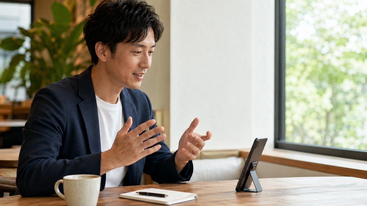 ChatGPT音声で英会話を練習する社会人とスマートフォン