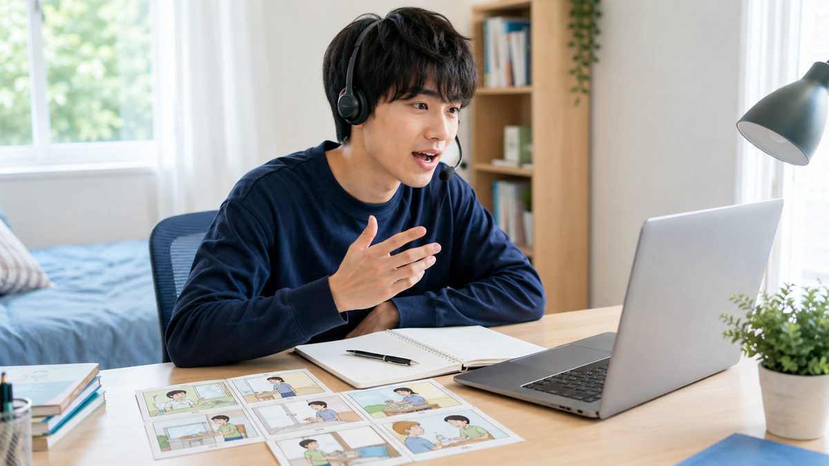 英検準1級の二次試験の逆転を目指してスピーキング練習に取り組む日本人