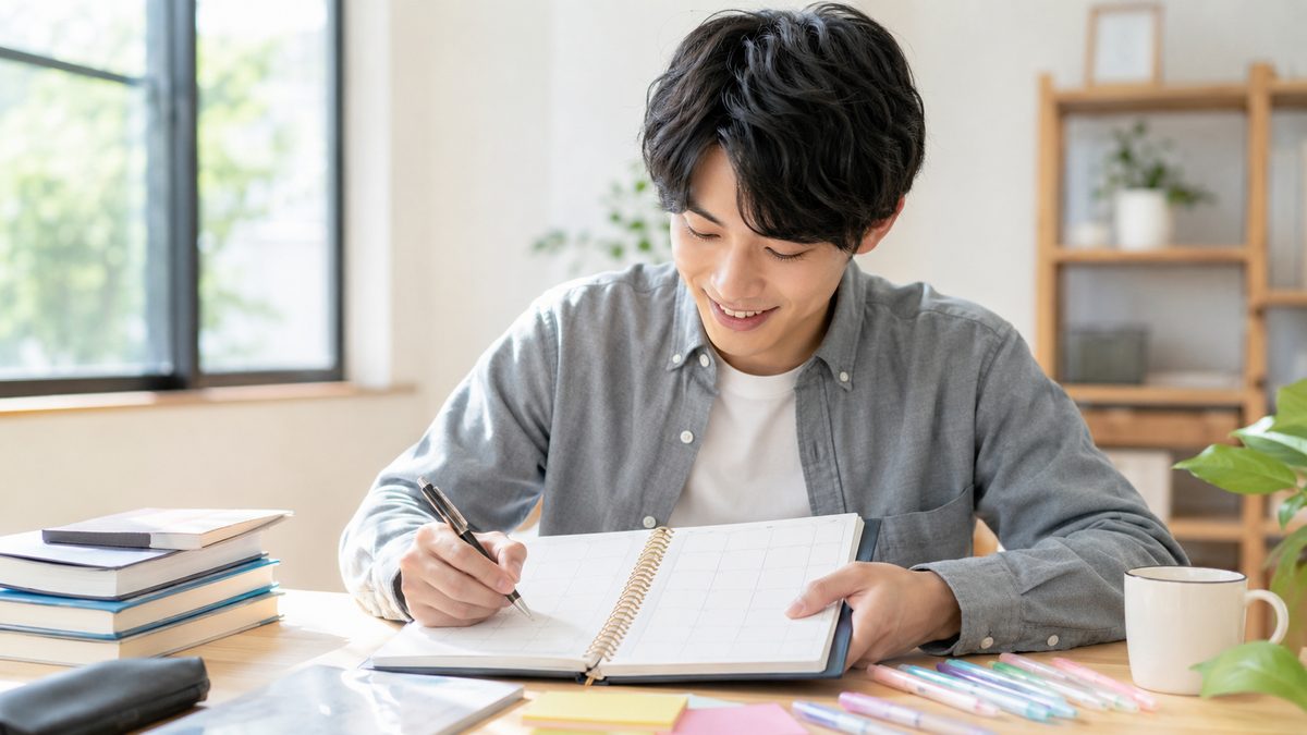英検準1級の逆転合格に向けて3ヶ月の学習プランを立てる日本人の学習者