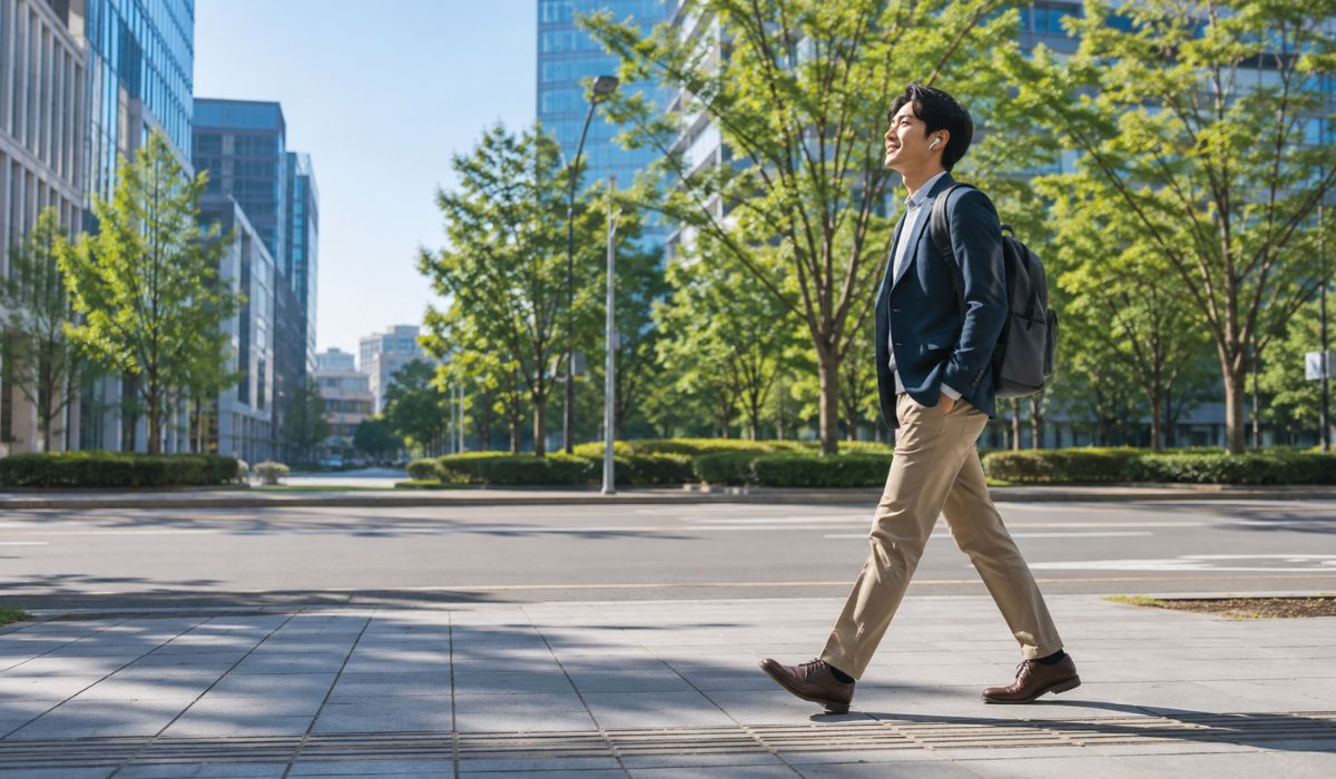 AI時代の英語学習を人のコーチと続ける決意で朝の街を歩く日本人ビジネスパーソン
