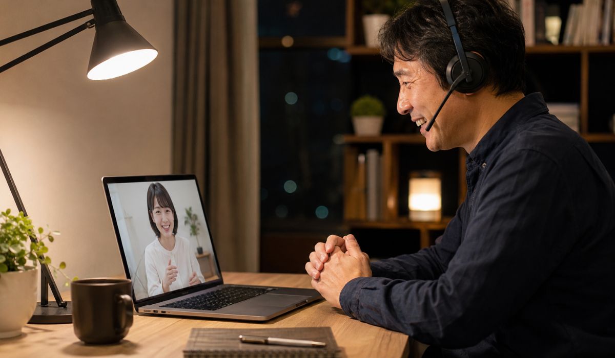 英語コーチがオンラインで伴走する担任制レッスンを自宅で受講する日本人ビジネスパーソン