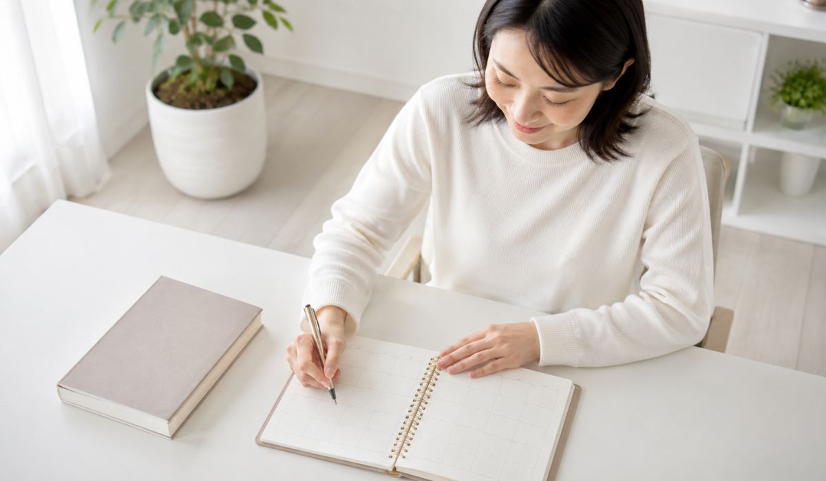 英語コーチと作る自分専用の学習計画を手帳に書き込む日本人女性の学習デスク