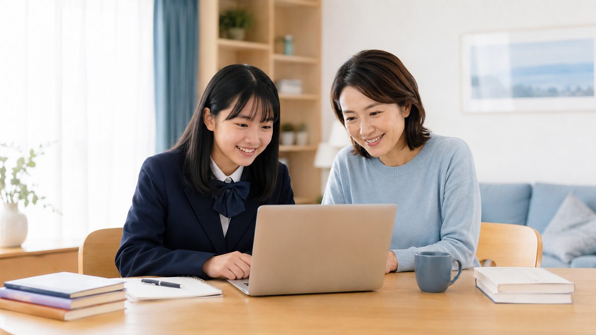 英検2級を高校受験に活かそうと優遇制度を調べる日本人の中学生と保護者