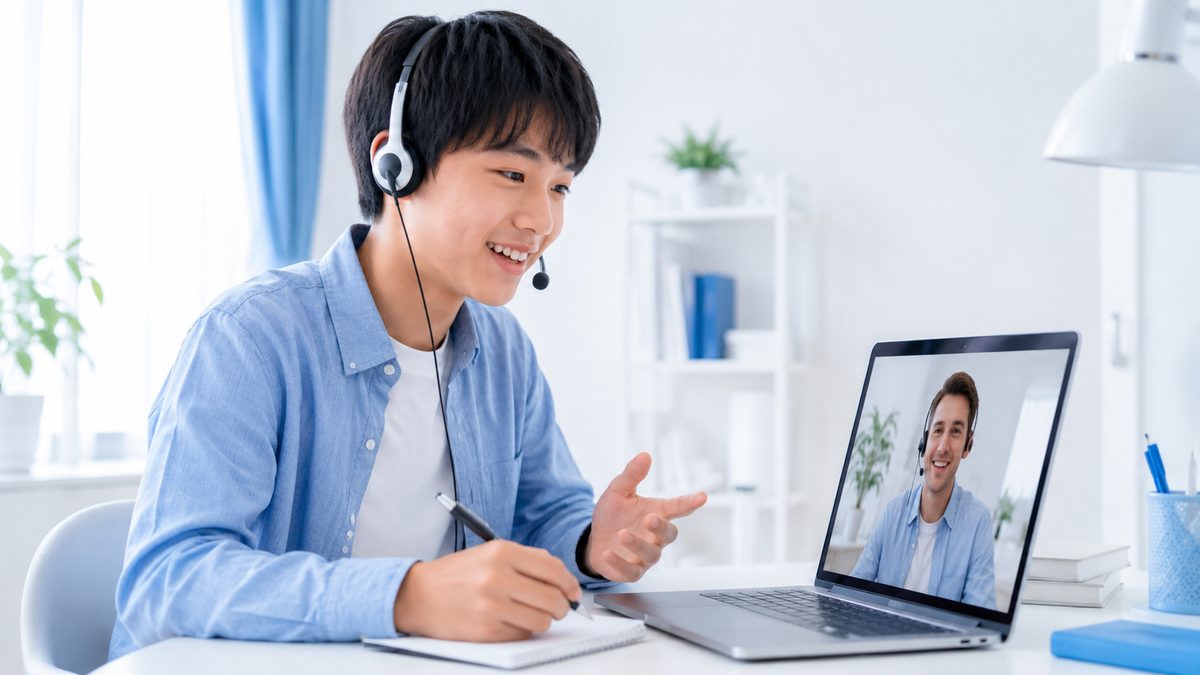 担任制のオンライン英検レッスンを笑顔で受ける日本人の中学生