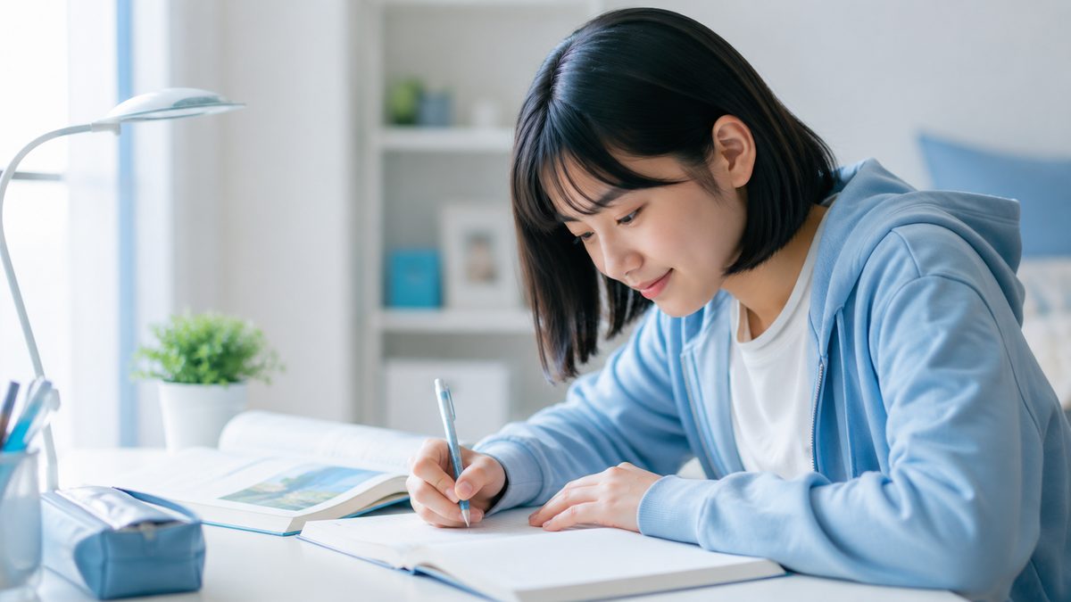 英検2級の学習が定期テストの成績に役立つ様子で勉強する日本人の中学生