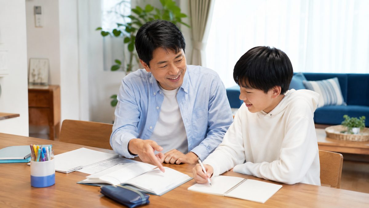 英検2級合格に向けた勉強法を家庭で支える日本人の保護者と中学生
