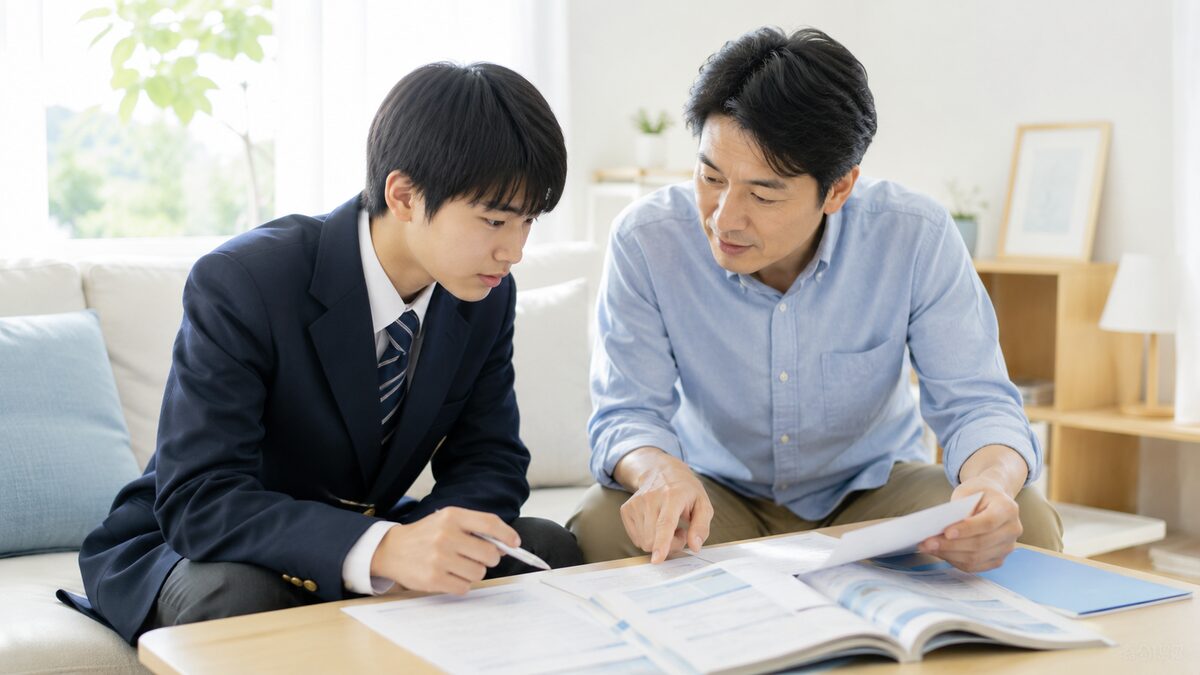 総合型選抜での英検活用の注意点を親子で確認する日本人の高校生と父親