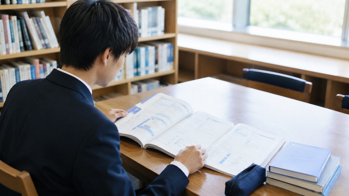 英検2級と準1級のレベルの違いをテキストで比較する日本人の男子高校生
