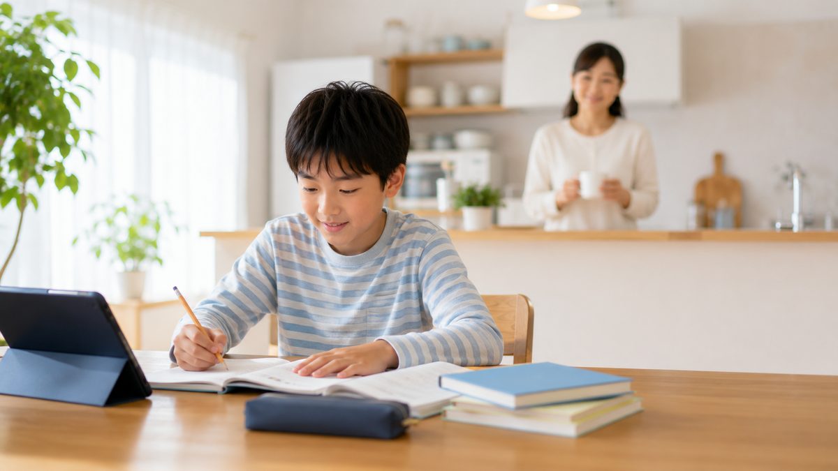 小学生の英検学習を家庭で見守る日本人の保護者