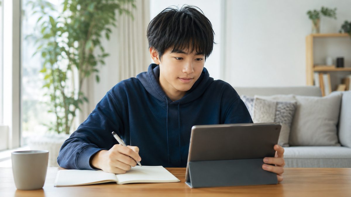 英検準1級の大学入試優遇制度をタブレットで調べる日本人の高校生