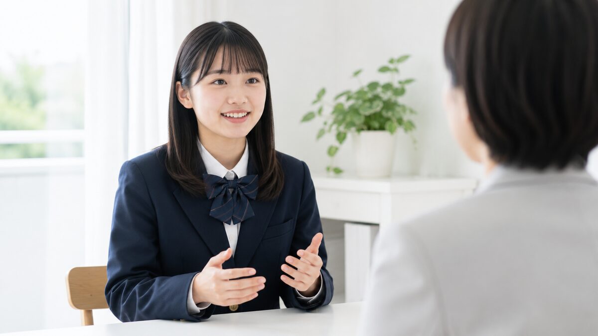 総合型選抜の面接で英検準1級について自信を持って話す日本人の女子高校生