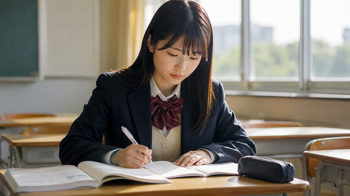 共通テストと英検準1級の関係を確認しながら学習する日本人の高校生