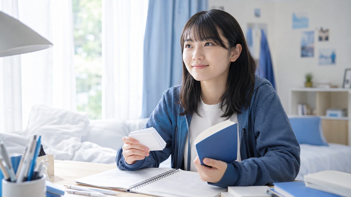 英検準1級の学習プロセスを振り返り達成感を得る日本人の女子高校生