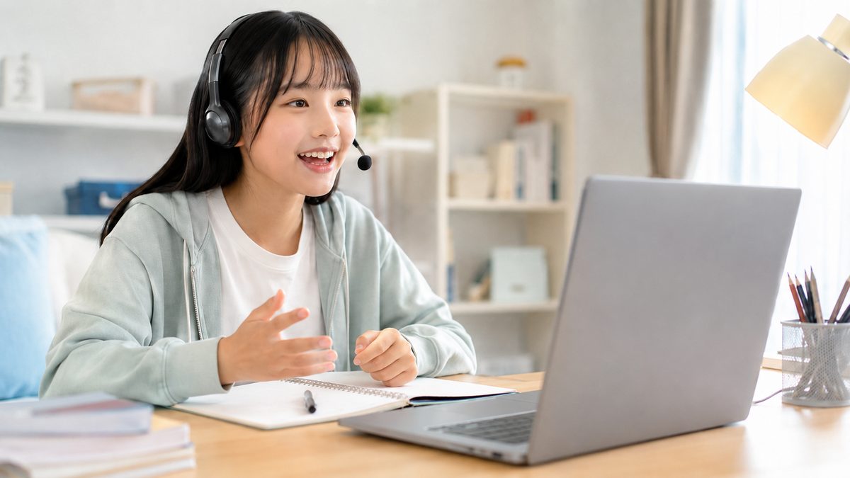 英検準1級対策のオンラインレッスンを受講する日本人の高校生
