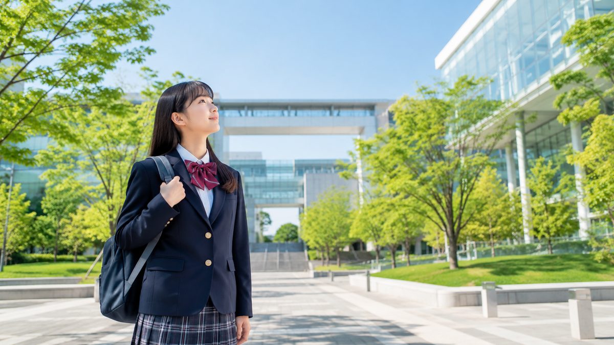 英検準1級を活かして目指す私立大学のキャンパスを訪れた日本人の高校生