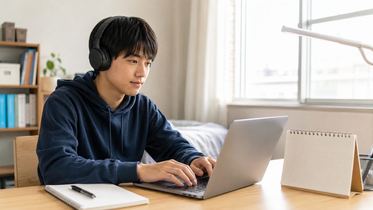 高2までの英検準1級取得を目指しパソコンで対策する日本人の高校生