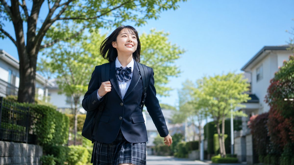 英検準1級を武器に大学受験へ踏み出す日本人の高校生の通学風景
