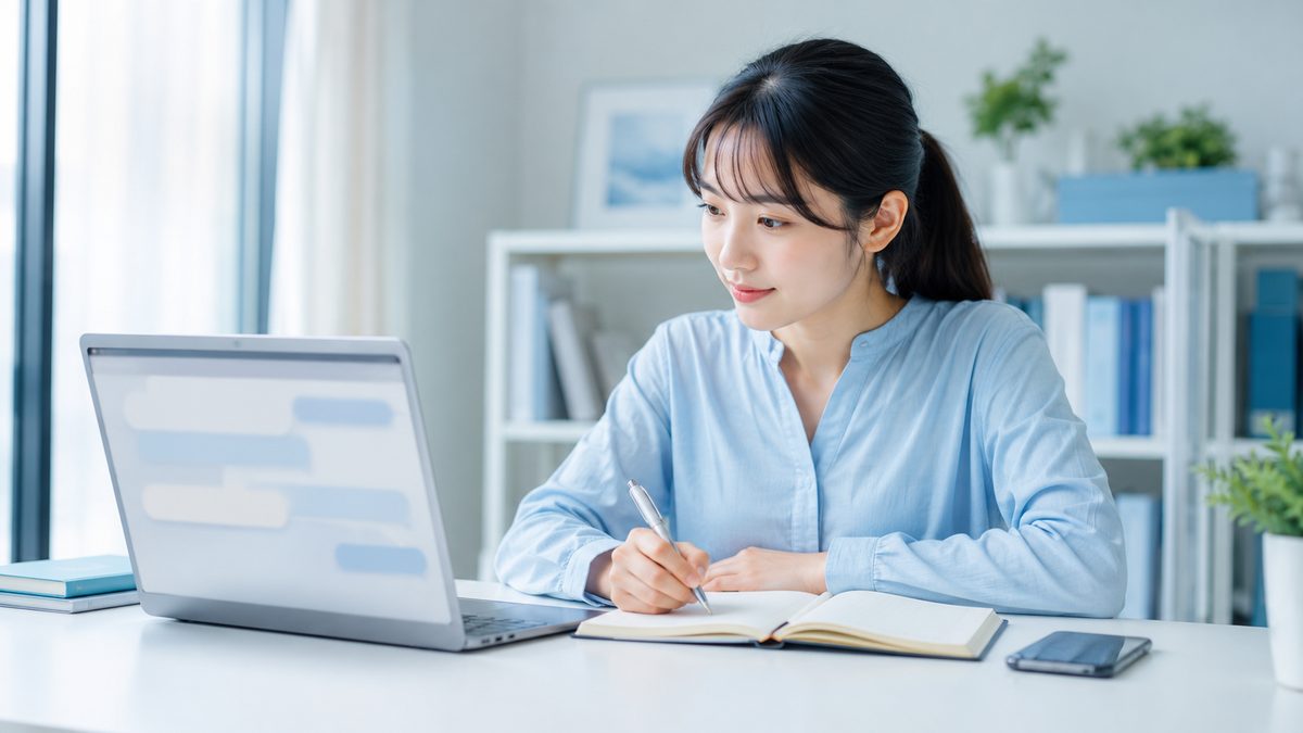 英検準1級ライティングの答案をAI添削で見直しながらノートに書き直す学習者