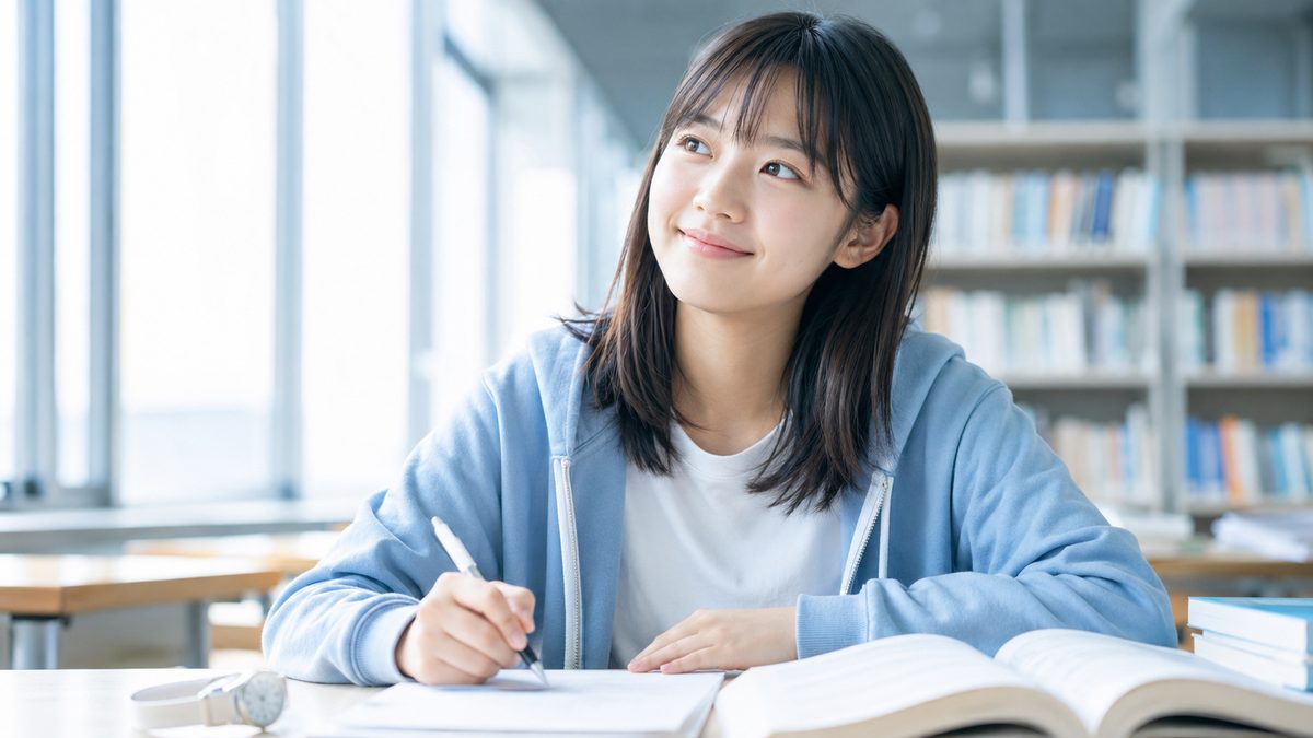 英検準1級ライティングのテンプレートを使って例題の解答を書き上げる女子高生