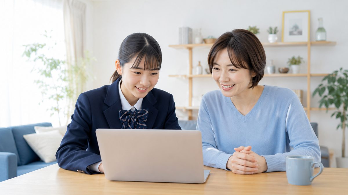 英検準2級を高校受験に活かそうと志望校情報を調べる日本人の中学生と保護者