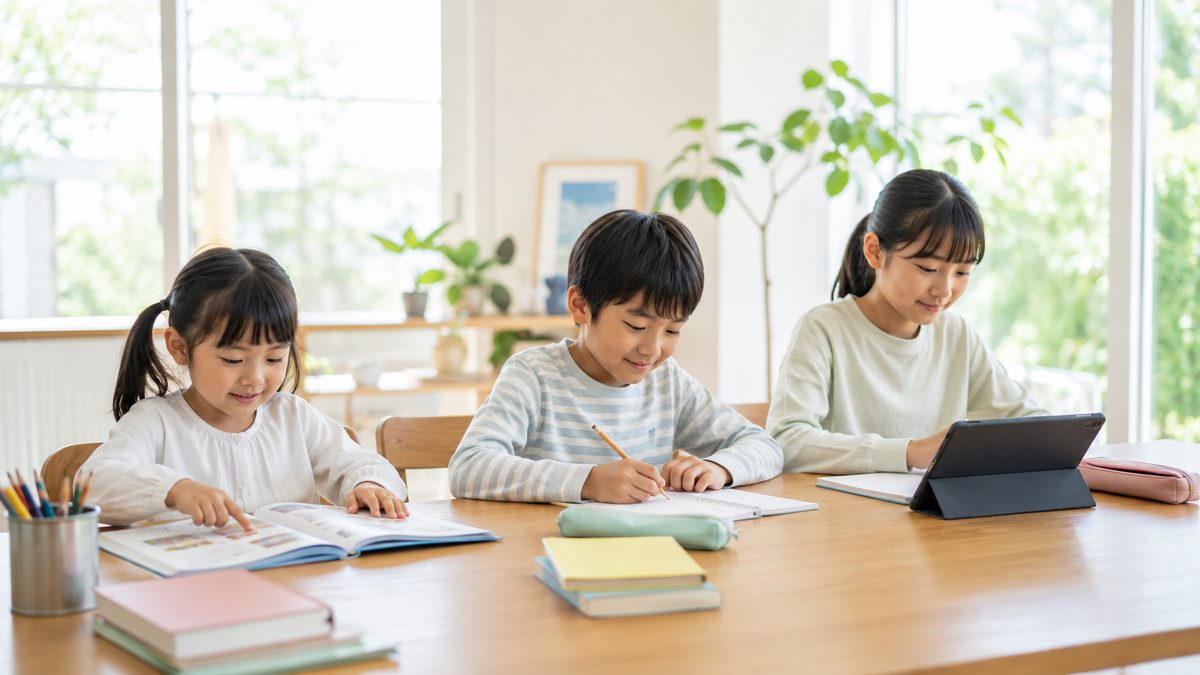 学年別に英検の目標級を目指して学習する小学生たち