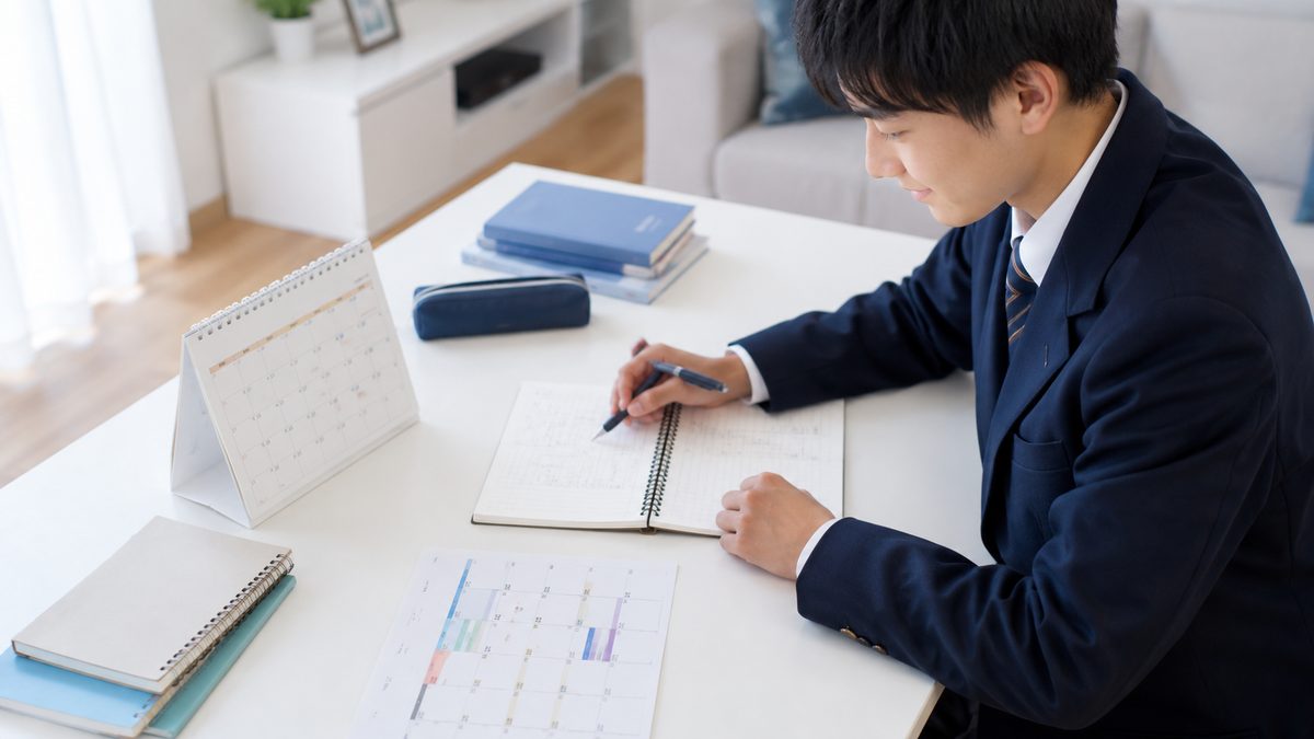 英検S-CBTと従来型を併願する受験計画をカレンダーとノートで立てる日本人の男子高校生