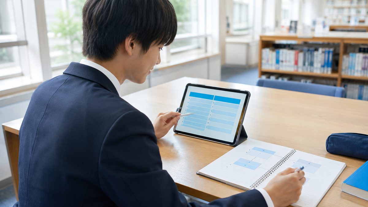 英検S-CBTと従来型の違いをタブレットとノートで比較検討する日本人の高校生