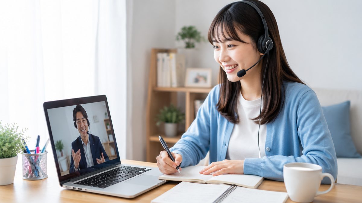 担任制オンライン英検コースで講師と笑顔でレッスンを受ける日本人の女性受講生
