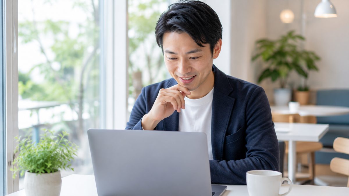 英検S-CBTと従来型の違いに関する疑問をノートパソコンで調べて解消する日本人の社会人男性