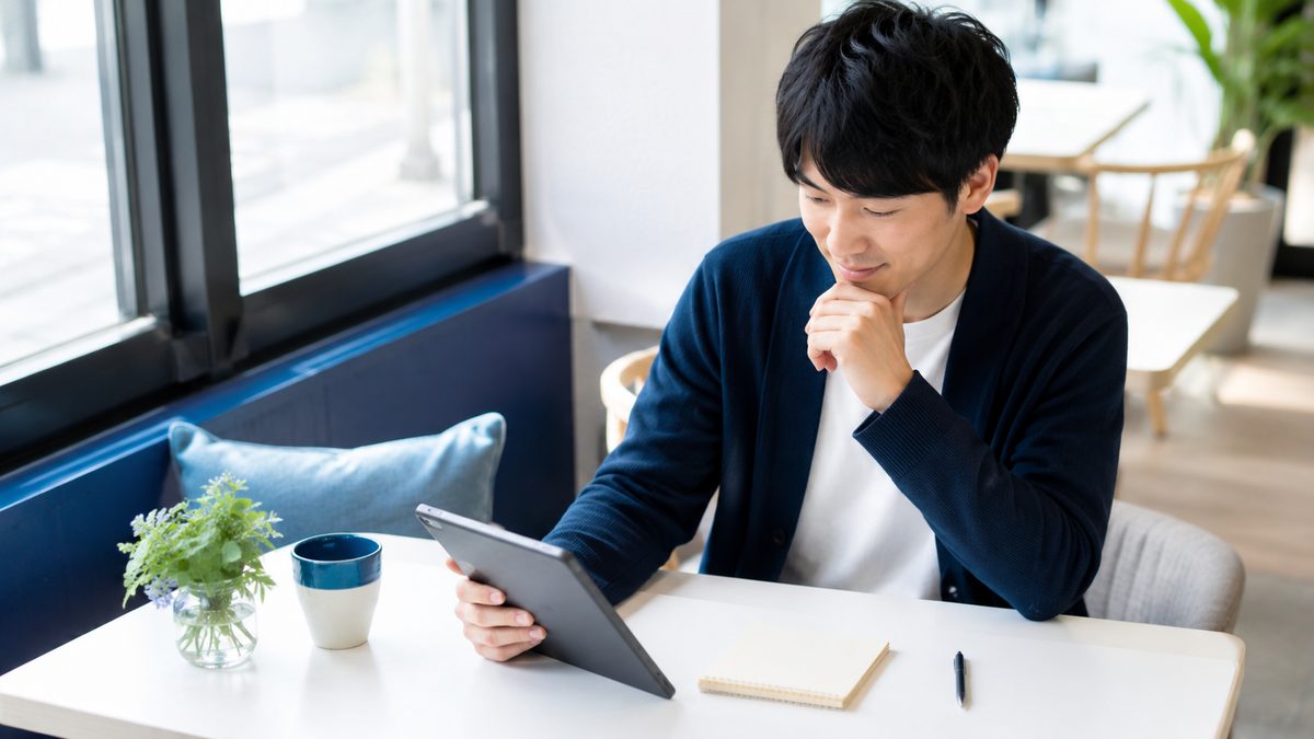 英検S-CBTと従来型の級や検定料の違いをタブレットで調べる日本人の社会人男性