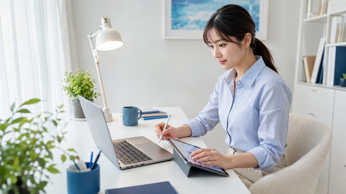 英検S-CBT対策としてPC操作とタイピングに慣れる練習をする日本人の社会人女性