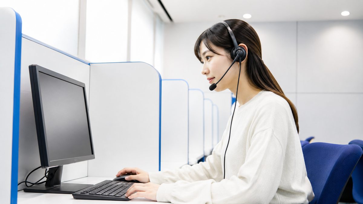 英検S-CBTのコンピュータ受験のイメージでヘッドセットを着けPCに向かう日本人の女性