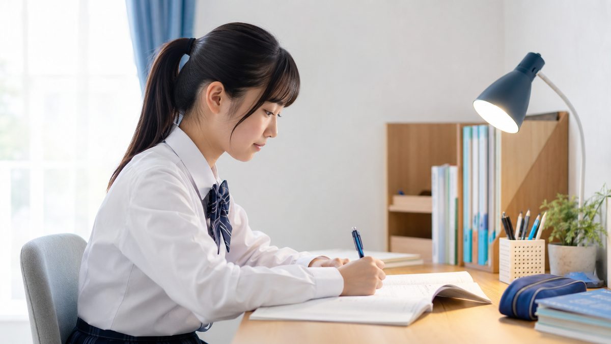 従来型英検の筆記形式をイメージして紙とペンで学習する日本人の女子高校生