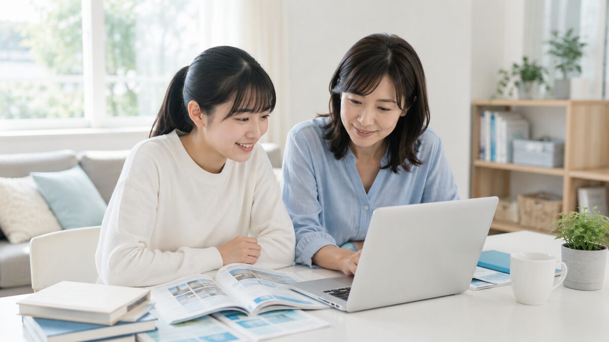 国公立・私立大学の英検活用パターンを親子で確認する日本人の高校生と母親