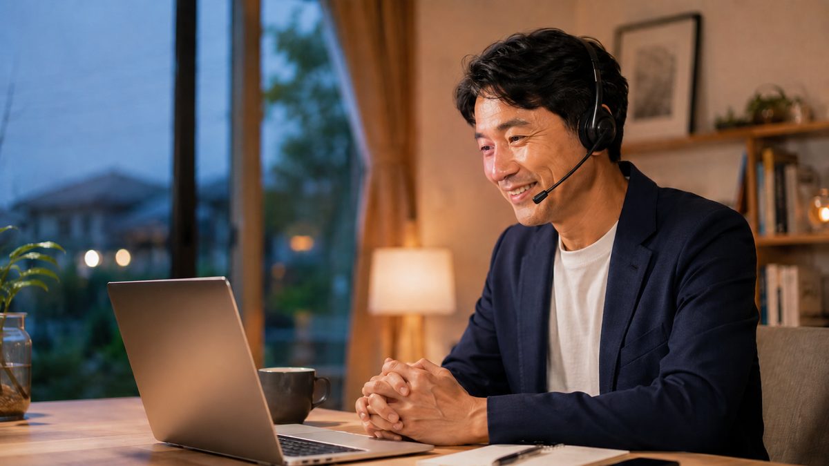 オンライン英語コーチングで講師と笑顔で対話しながら英作文を学ぶ受講生