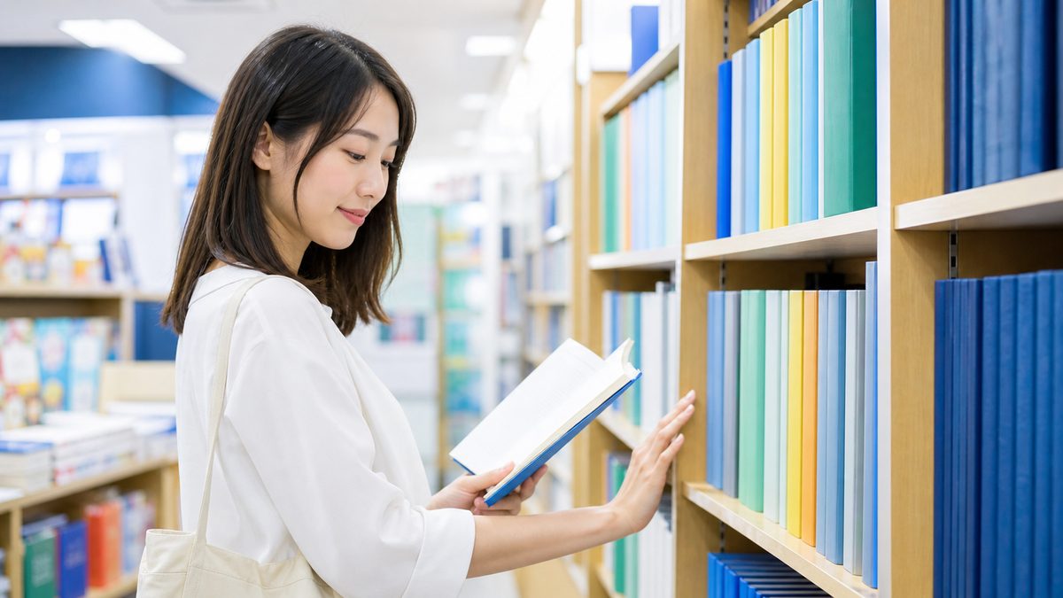 英検準1級の単語帳を選ぶ女性と書棚に並ぶ英語学習教材