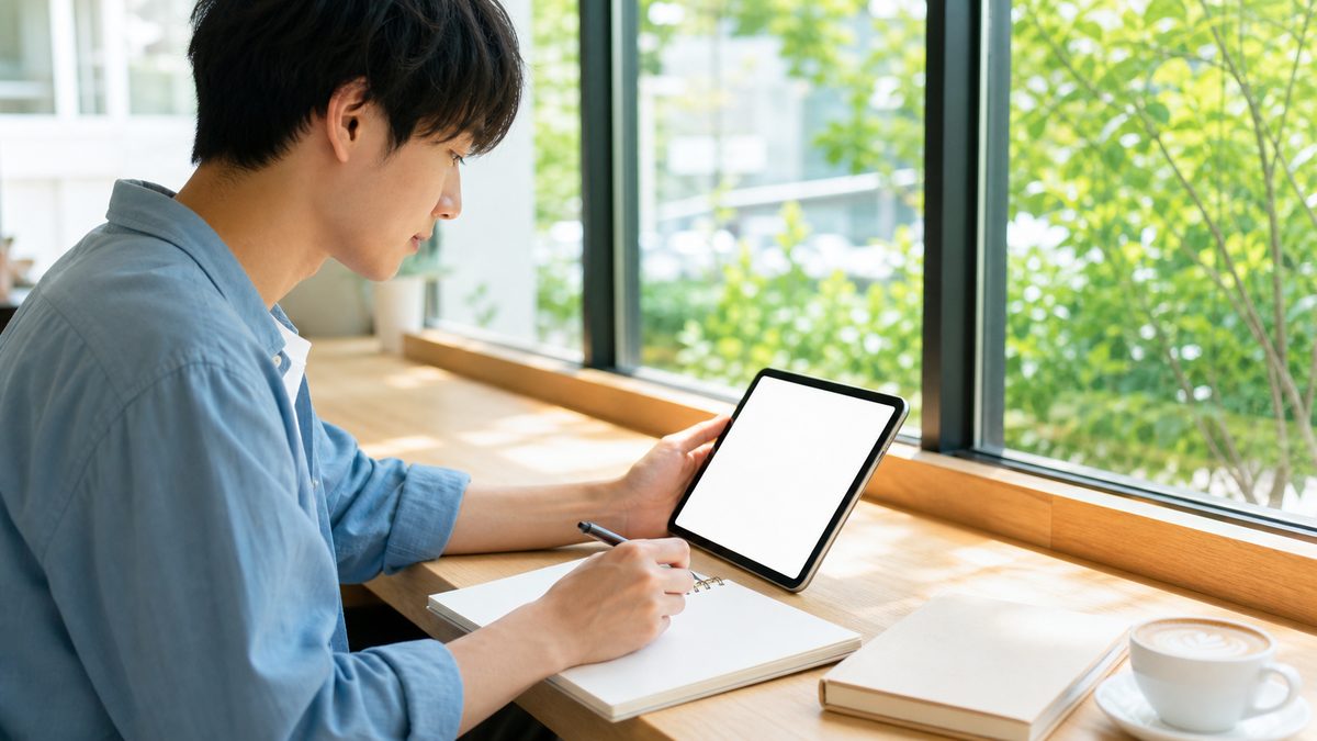 英検準1級の単語学習で1日の語数を計算する大学生とタブレット