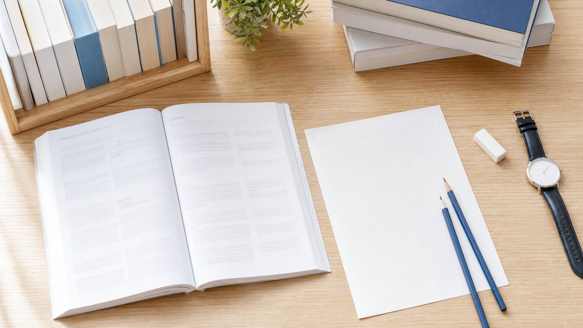 英検準1級のリーディング問題構成を確認する机上の問題冊子と筆記用具