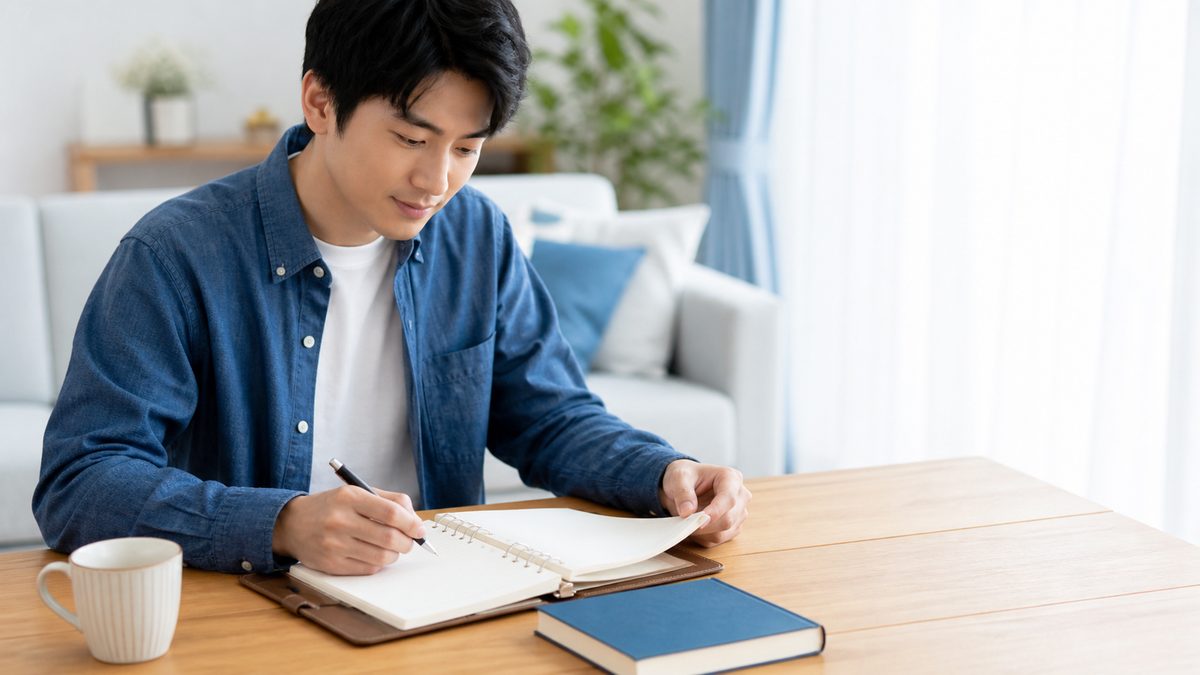 英検準1級の単語学習の計画を手帳に書き出して見直す社会人男性