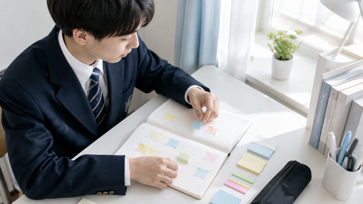 学年別に英検取得のスケジュールを立てる日本人の男子高校生