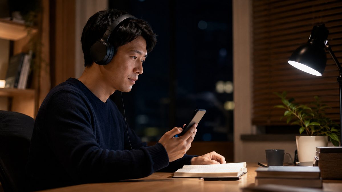 英語学習が止まりかけたときに自分の録音を聞き返して振り返る学習者