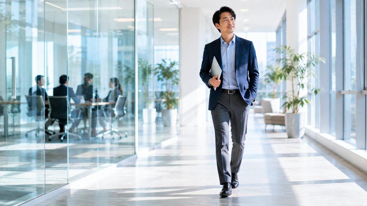 英語プレゼンを結論ファーストでやり切り、達成感を持ってオフィスを歩く日本人ビジネスパーソン