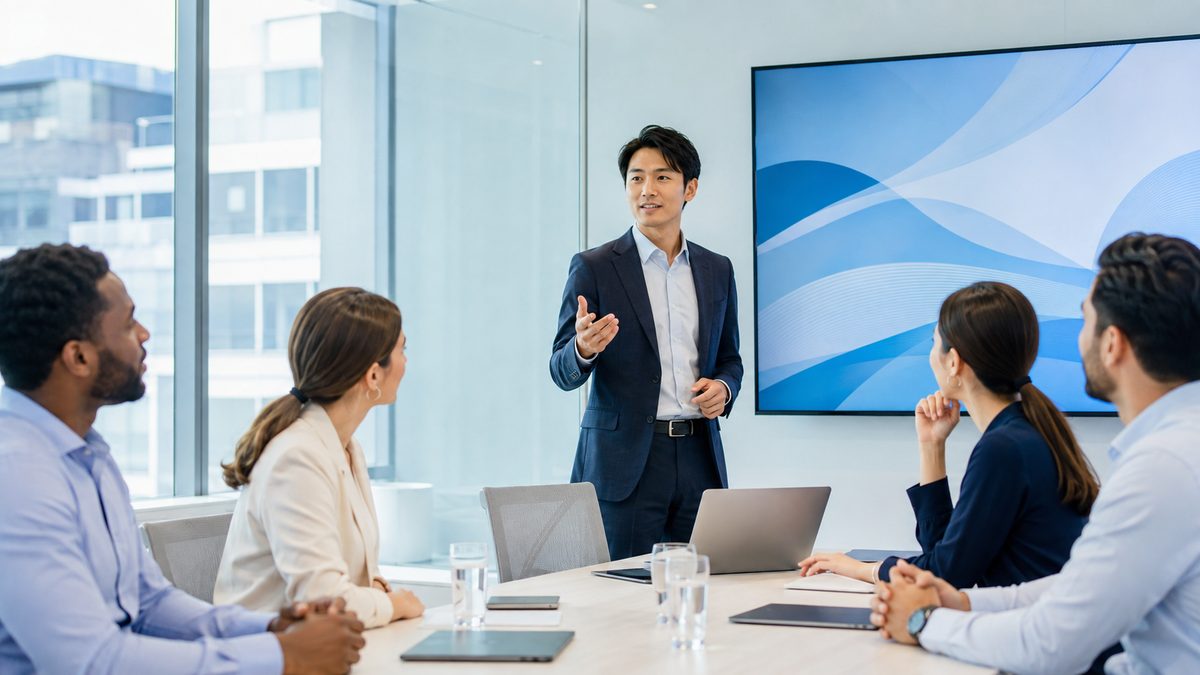 英語プレゼンで結論ファーストを実践し、会議室で自信を持って発表する日本人ビジネスパーソン