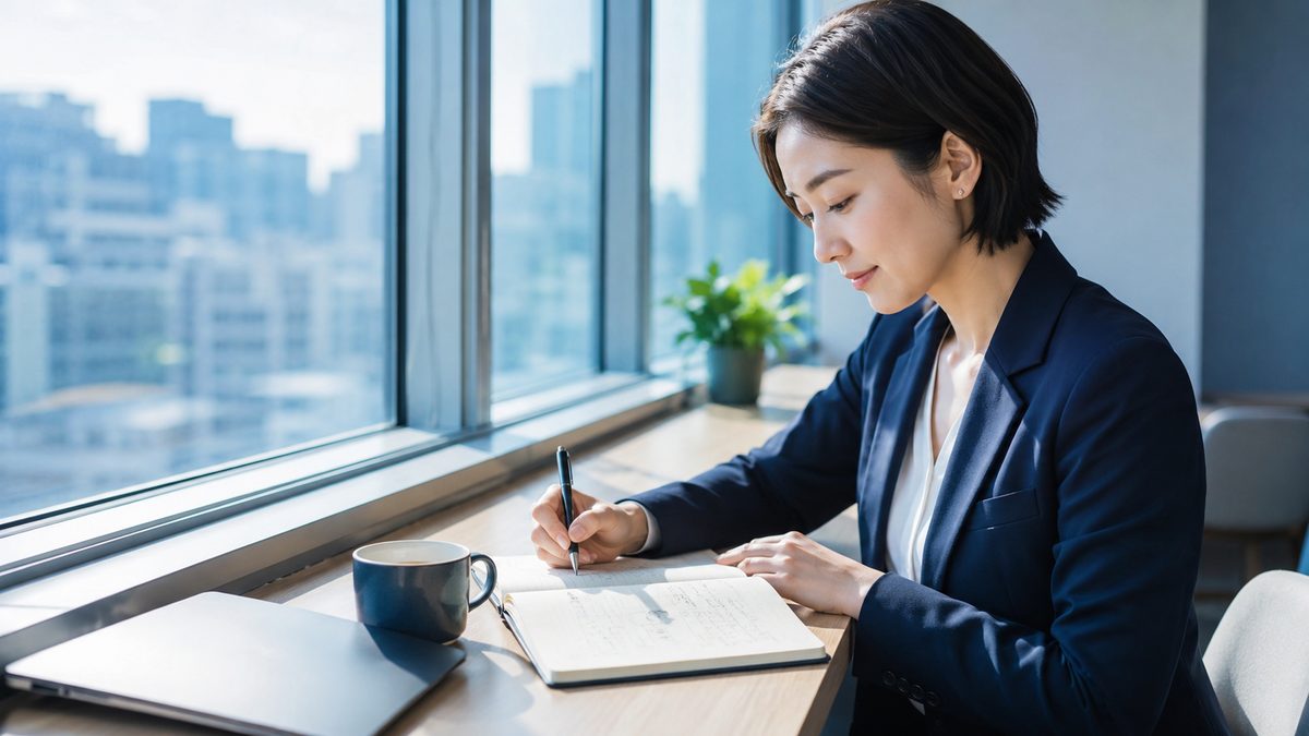 英語プレゼンの結論ファーストの構成をノートに書き出して整理する日本人ビジネスパーソン