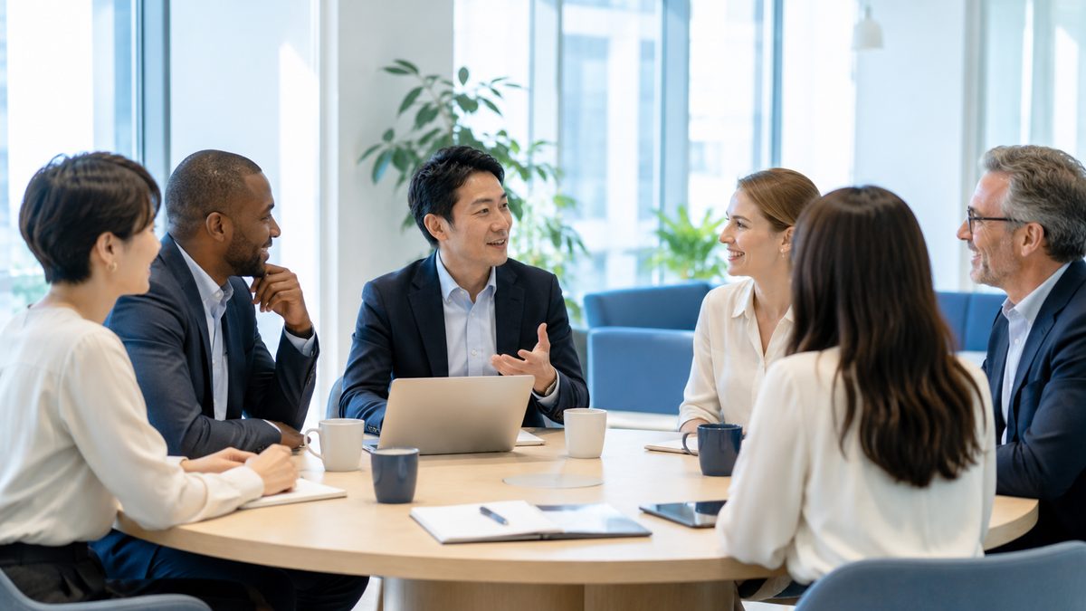 多国籍のチームと英語で対話し、結論ファーストの伝え方を場面に合わせて調整する日本人ビジネスパーソン