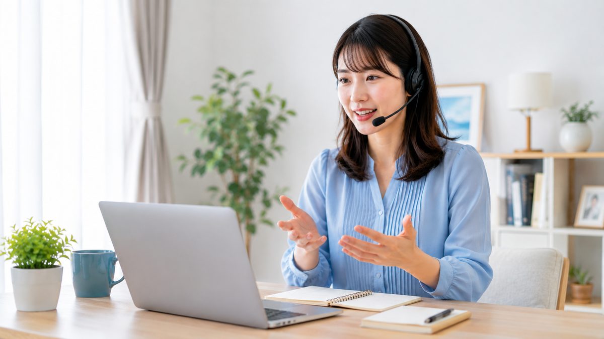オンライン会議で英語プレゼンのフレーズを使い、結論から順に説明する日本人ビジネスパーソン